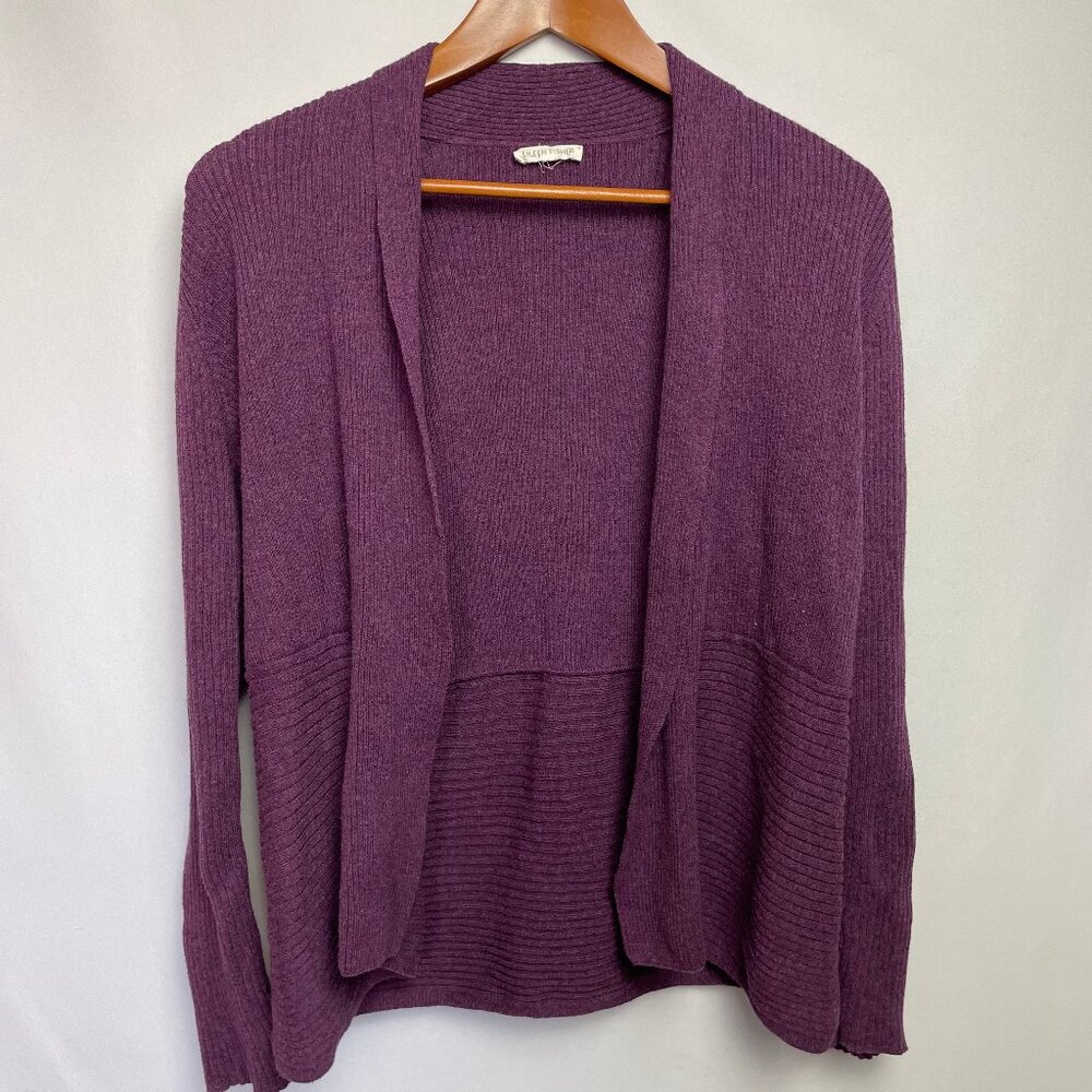 Eileen Fisher Women Organic Cotton Port Peplum Open Cardigan Size L Purple Knit